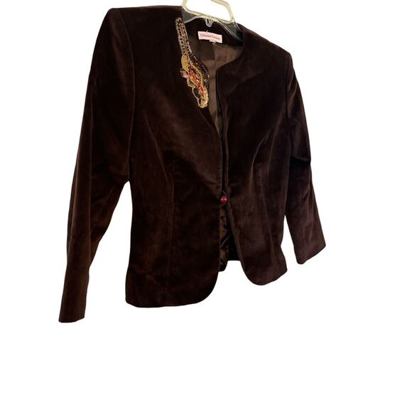 Vintage CHRISTIAN LACROIX RUM EMBELLISHED CRUSH VELVET BLAZER SZ 38 - Picture 2 of 5